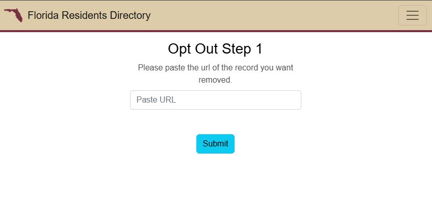 Florida Residents Directory's Opt Out Step 1 page with a Paste URL box and a Submit button
