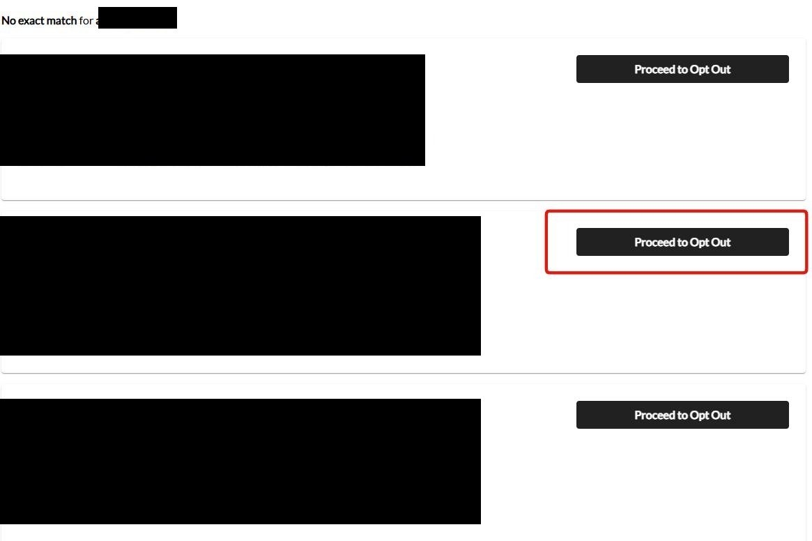 NeighborWho opt-out search results listing several records with born dates, aliases, relatives and locations, each with a black Proceed to Opt Out button; the matching record's button is outlined in red