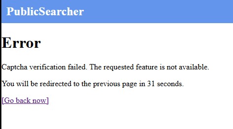 PublicSearcher error page reading 'Captcha verification failed. The requested feature is not available.' above a countdown