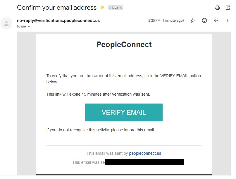 PeopleConnect's verification email with a VERIFY EMAIL button and a note that the link expires 15 minutes after it was sent