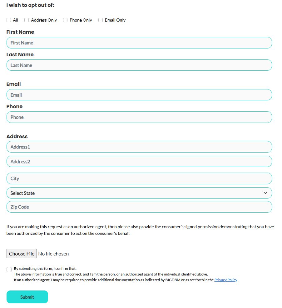 BIGDBM's Do Not Sell or Share form, showing All, Address Only, Phone Only and Email Only checkboxes, then First Name, Last Name, Email, Phone and a full address block, an authorised agent file upload, a confirmation checkbox and a Submit button.