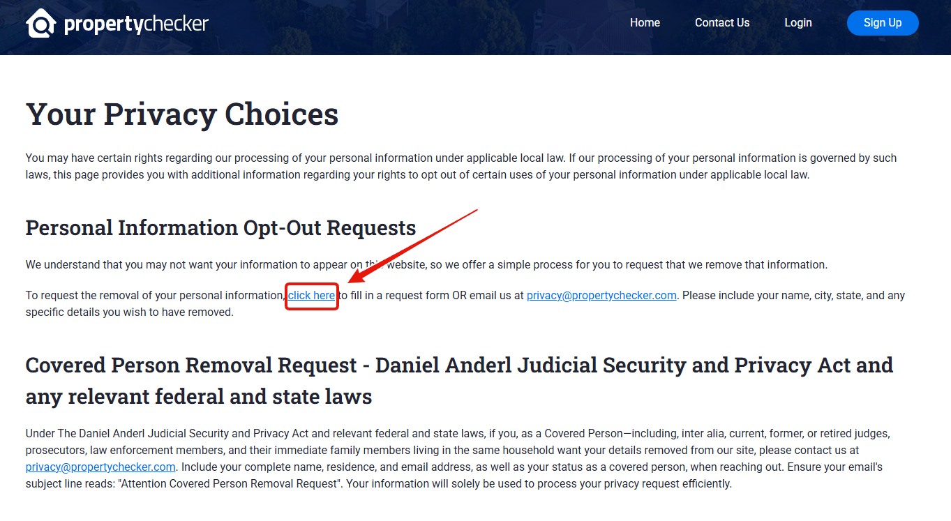 PropertyChecker's Your Privacy Choices page with a Personal Information Opt-Out Requests section, the click-here link that opens the request form highlighted with a red box and arrow, and a Covered Person Removal Request section below it