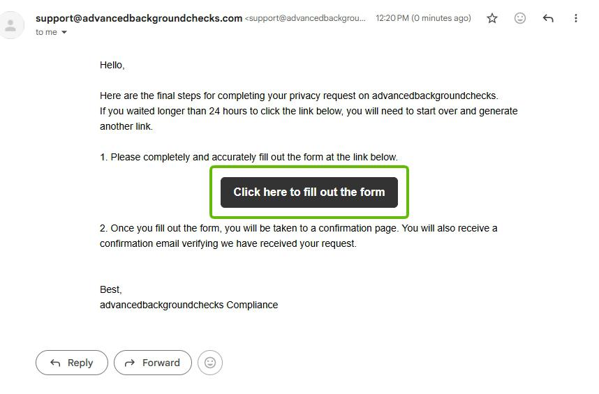 Verification email from support@advancedbackgroundchecks.com with a dark Click here to fill out the form button highlighted, plus a warning that the link expires after 24 hours.