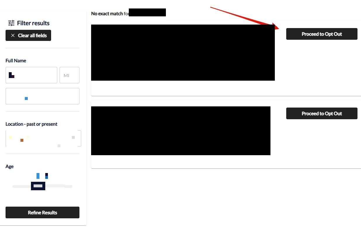 BeenVerified profile-selection page with a 'No exact match for [name]' header, a left-side Filter results sidebar (Full Name, Location past or present, Age slider, Refine Results button), and two matching profile cards. Each card has a 'Proceed to Opt Out' button on the right; a green arrow indicates the button on the first match.