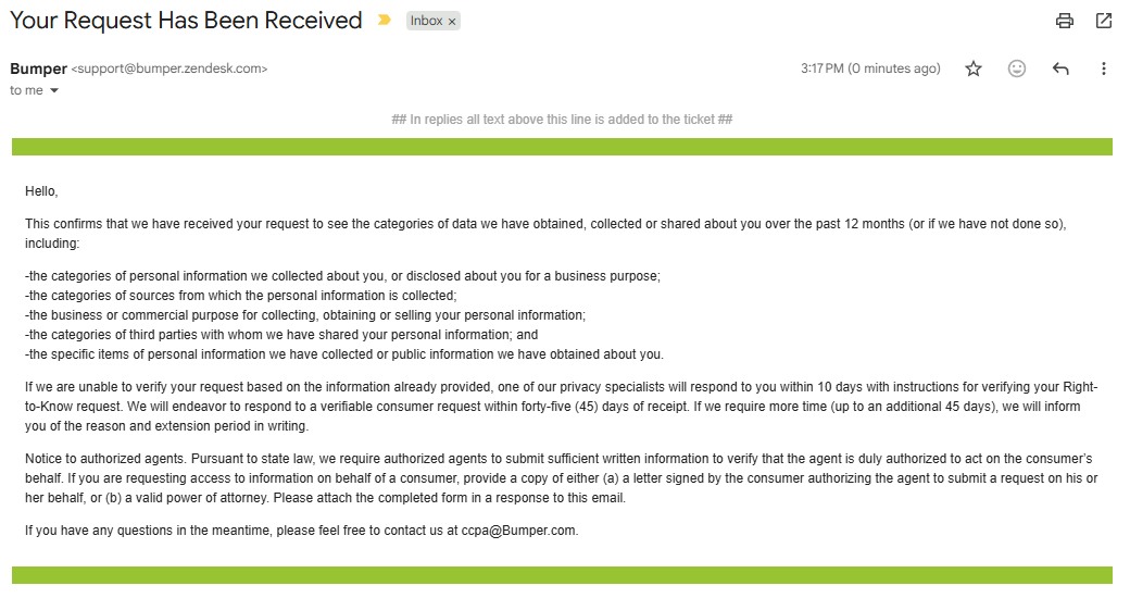 Acknowledgment email from Bumper via support@bumper.zendesk.com titled 'Your Request Has Been Received', describing the request, the 10-day verification follow-up, the 45-day response window with a possible 45-day extension, and the ccpa@bumper.com contact