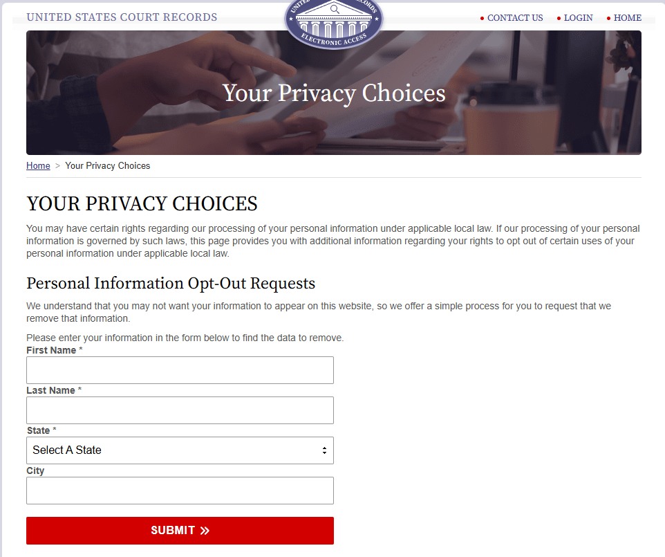 The Your Privacy Choices page on the CourtRecords.us portal with a Personal Information Opt-Out Requests form asking for first name, last name, a state dropdown and city, and a red Submit button