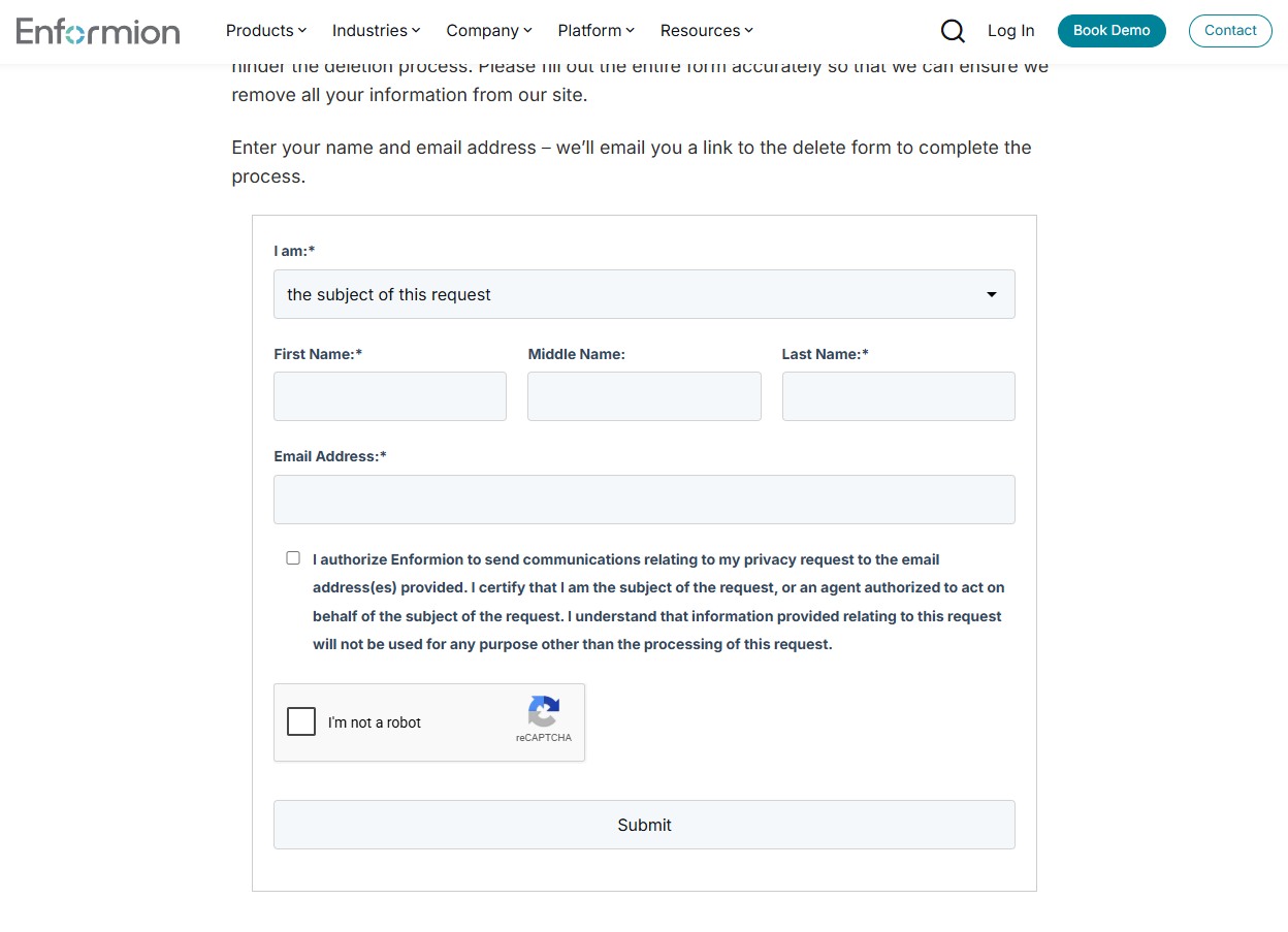 Enformion's privacy-portal form with a subject-of-this-request dropdown, fields for first, middle and last name and email address, an authorization certification checkbox, a reCAPTCHA, and a Submit button