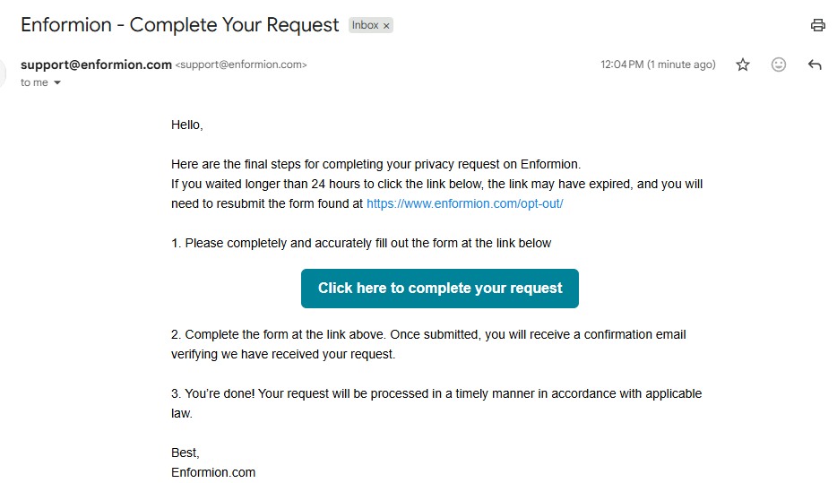 Enformion's 'Complete Your Request' email from support@enformion.com with a 'Click here to complete your request' button and a warning that the link may expire after 24 hours