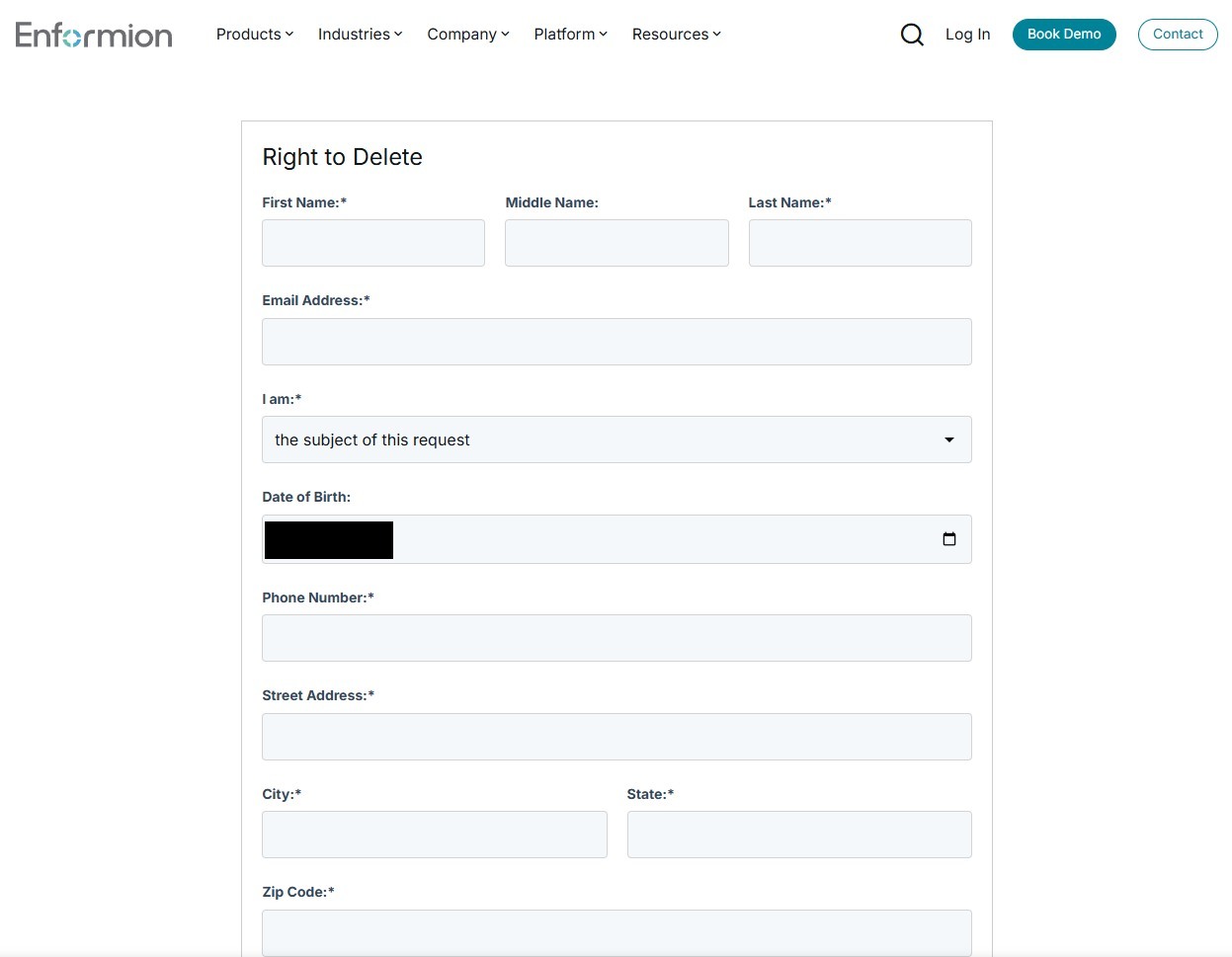 Enformion's Right to Delete form with fields for first, middle and last name, email address, a subject dropdown, optional date of birth, and required phone number, street address, city, state and ZIP