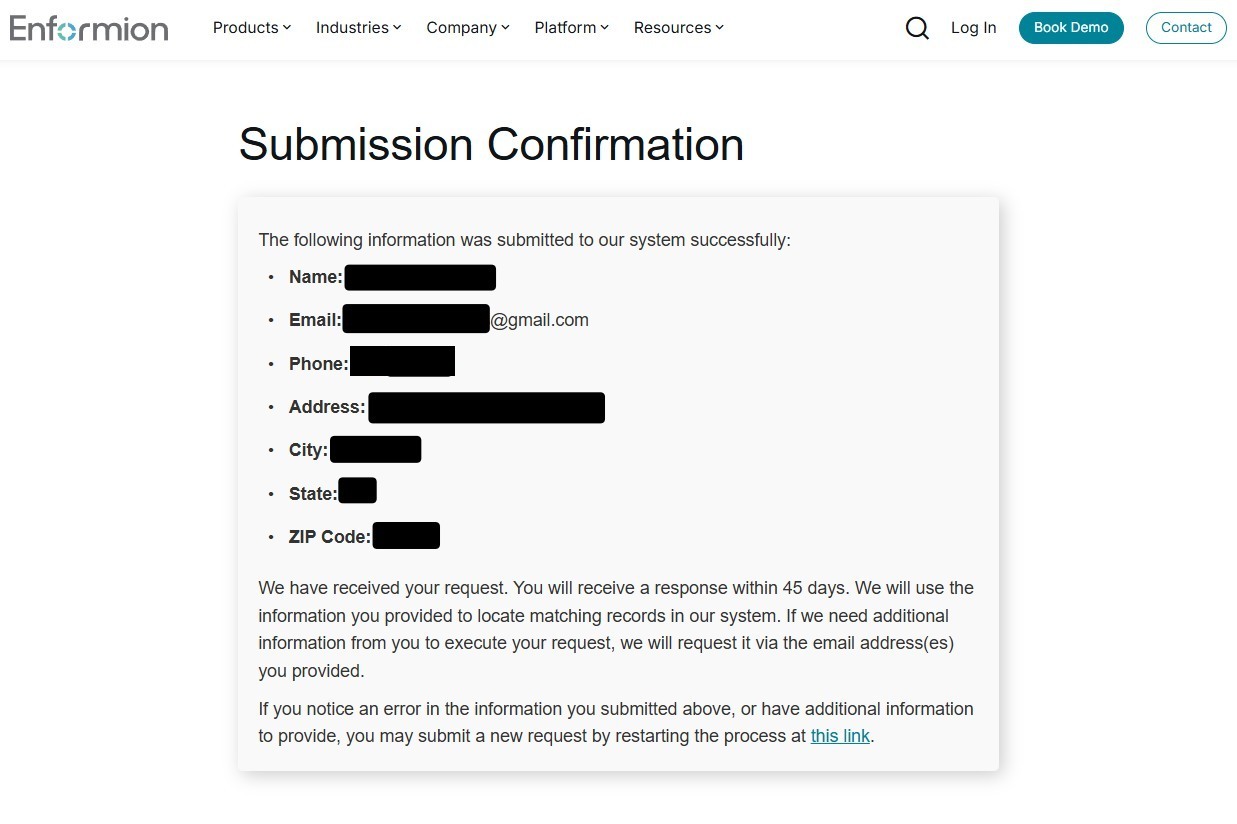 Enformion's Submission Confirmation page echoing the submitted name, email, phone and address with personal details redacted, stating a response will come within 45 days and that additional information would be requested by email