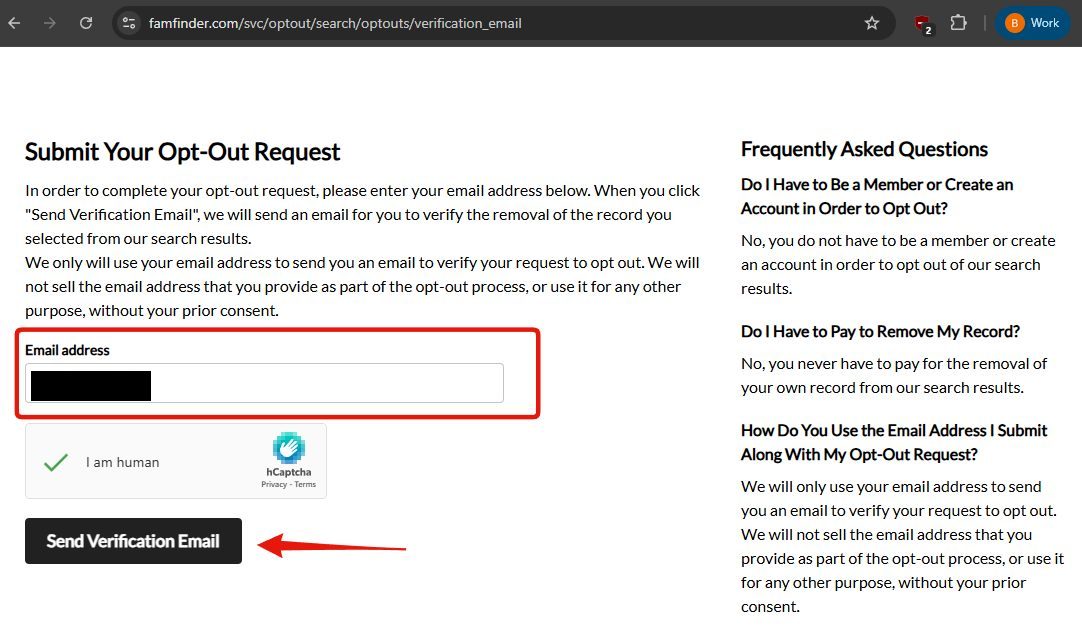 FamFinder's 'Submit Your Opt-Out Request' page with an email address field outlined in red, an hCaptcha 'I am human' checkbox showing a green tick, and a red arrow pointing at the black 'Send Verification Email' button.
