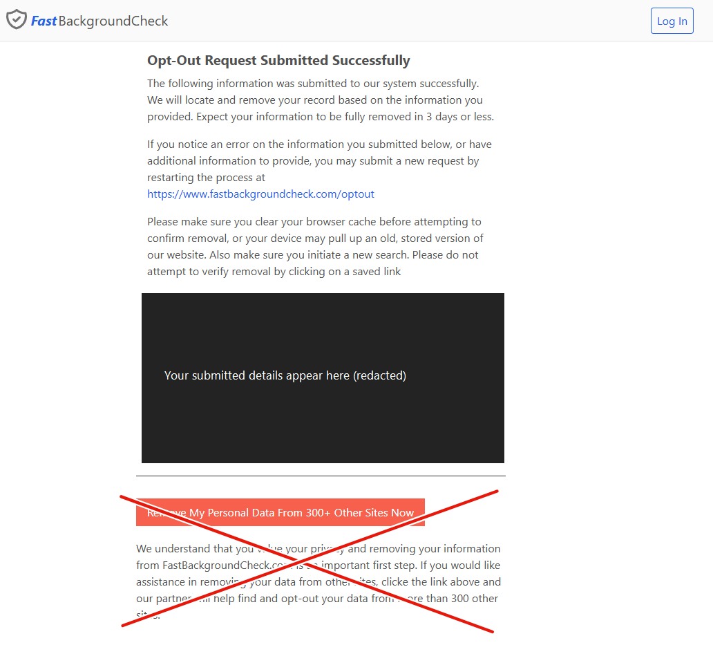 FastBackgroundCheck's 'Opt-Out Request Submitted Successfully' confirmation page, stating removal within 3 days or less, with the submitted details redacted and a third-party '300+ Other Sites' upsell button crossed out
