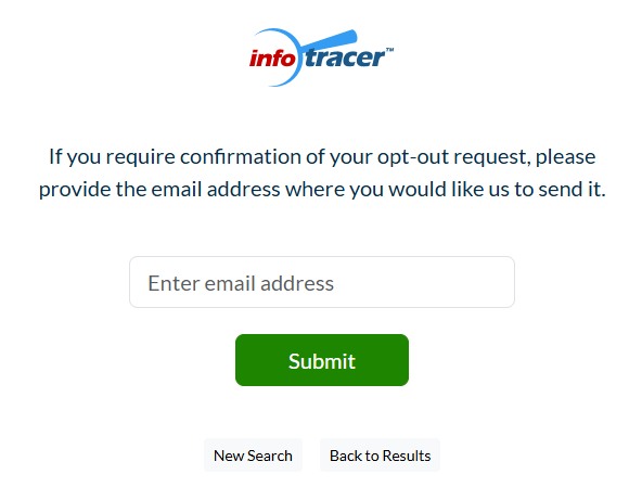 A single field inviting an email address so InfoTracer can write back once the request is handled