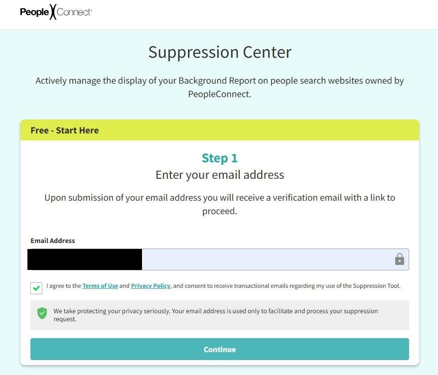 PeopleConnect suppression portal login page with an email input field and a submit button.