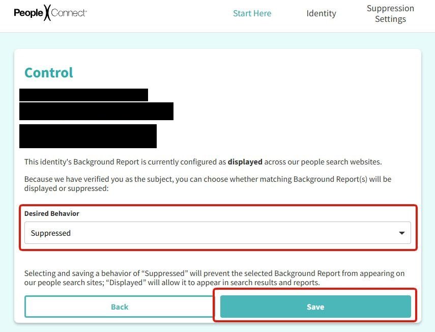 PeopleConnect's Control page, reading that the report is currently configured as displayed, with a Desired Behavior dropdown set to Suppressed and a Save button