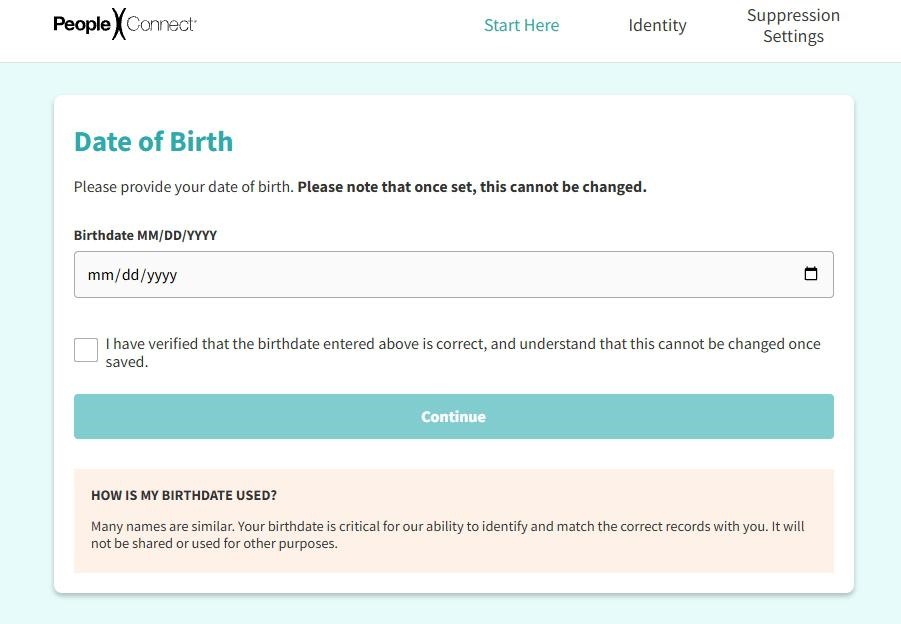 PeopleConnect Guided Mode page with a date-of-birth input field, a verification checkbox, and a Continue button.