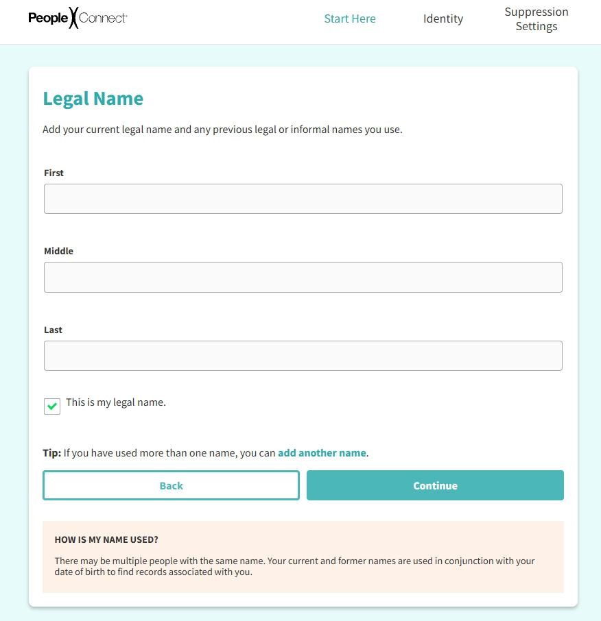 PeopleConnect legal-name page with First Name, Middle Name, and Last Name fields, a verification checkbox, and a Continue button.