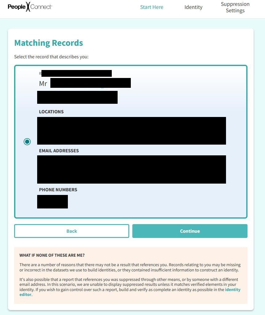 PeopleConnect matching-records page with one or more profile rows and a Next button.