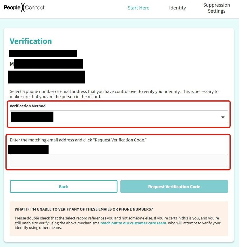 PeopleConnect's Verification page: a Verification Method dropdown holding a partially masked contact, a field below it headed "Enter the matching email address and click 'Request Verification Code'", and a Request Verification Code button