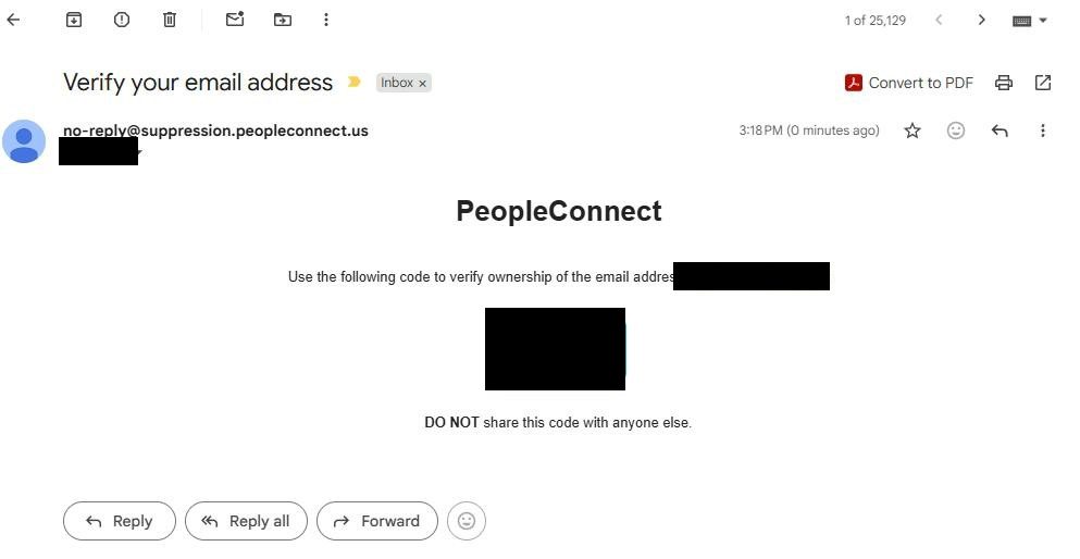 PeopleConnect verification email with a numeric code.