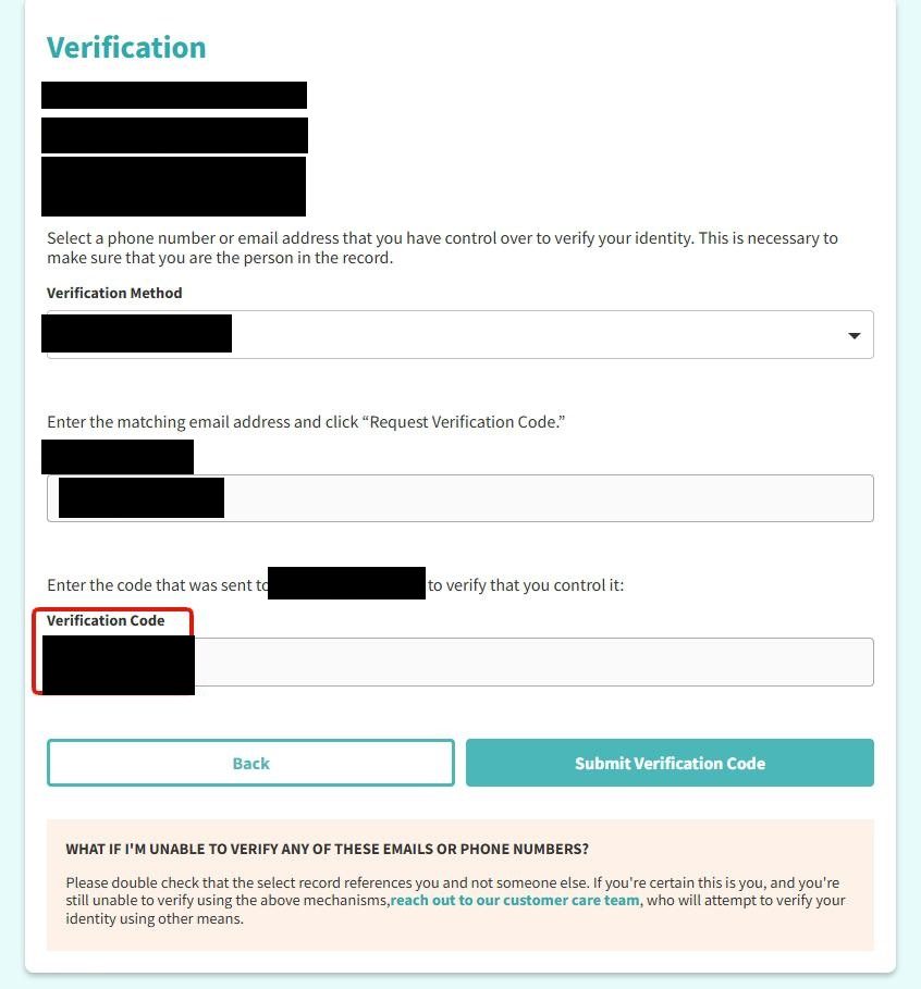 PeopleConnect's Verification page after requesting a code: the Verification Method and matching-contact fields already filled, a Verification Code box beneath them, and a Submit Verification Code button