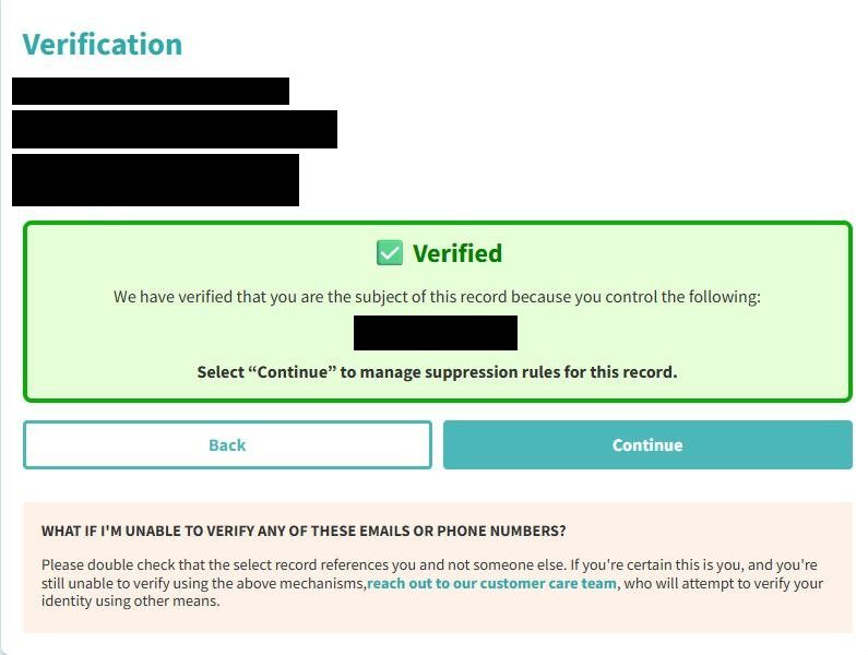 PeopleConnect 'Verified' screen confirming the user's identity, with a Continue button to proceed to suppression settings.