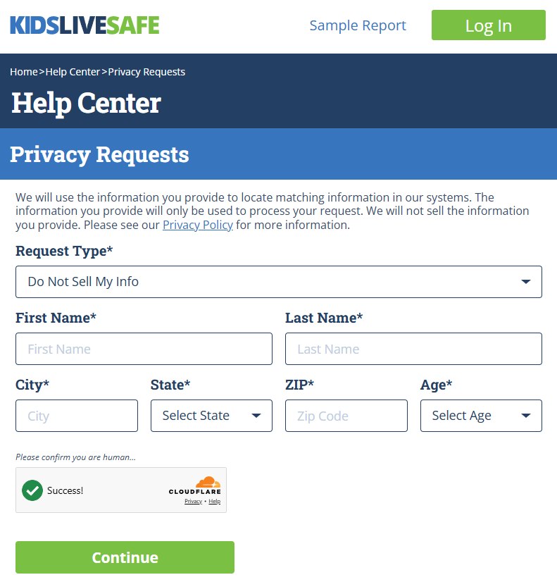 The Kids Live Safe privacy request page. A dropdown at the top shows Do Not Sell My Info, and below it are the six boxes the site insists on, ending in a Cloudflare tick and a green Continue.