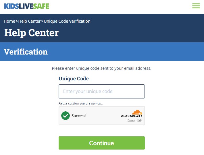 The Verification page on Kids Live Safe asking for the unique code sent by email.