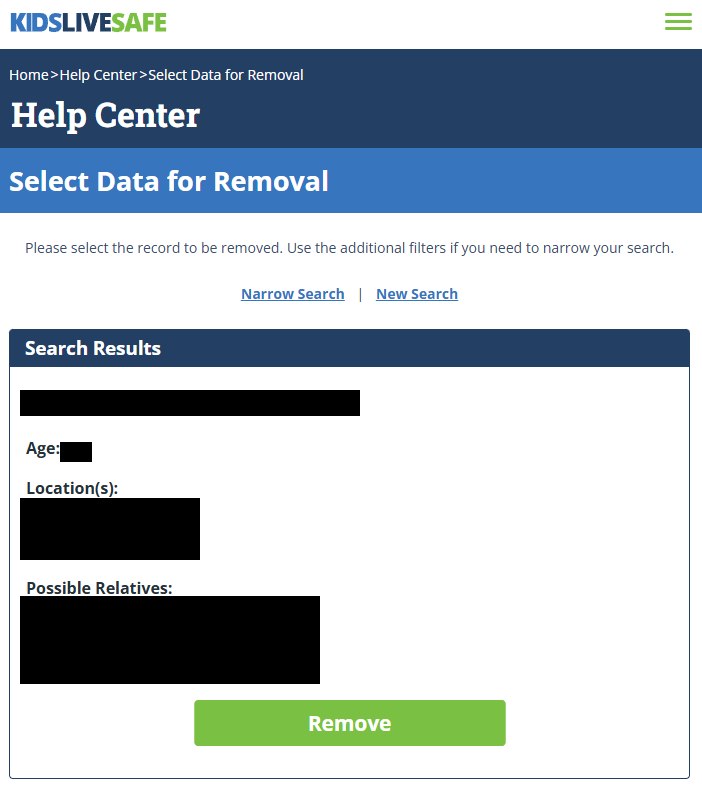 Kids Live Safe's Select Data for Removal page. Narrow Search and New Search links sit above a Search Results box that holds the matched record and a green Remove button.