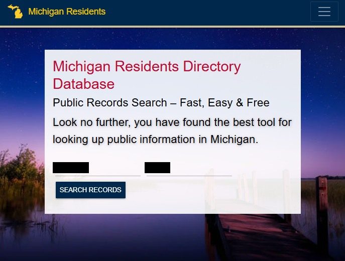 MichiganResidentDatabase.com's homepage with a public-records search form taking a name and city, filled with the placeholder identity Joe Smith in Detroit, and a SEARCH RECORDS button