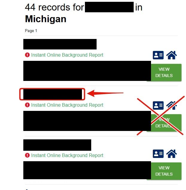 A results page listing records for Joe Smith in Michigan; the name link on one record is highlighted with a red box and arrow, while the green VIEW DETAILS button beside it is crossed out in red