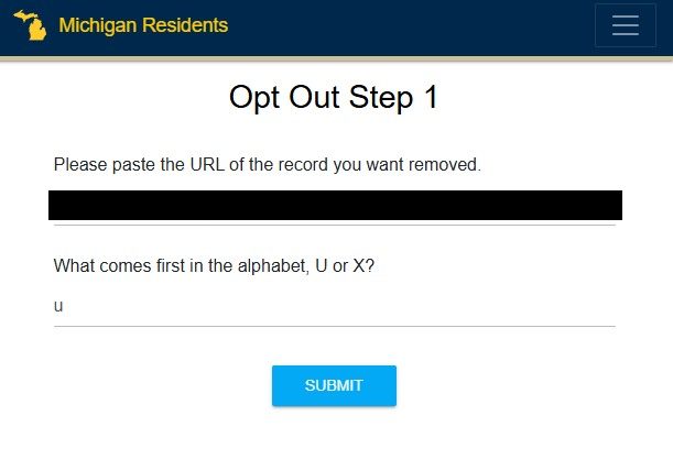 The Opt Out Step 1 page asking for the URL of the record to be removed, with a spam question below the URL field and a Submit button