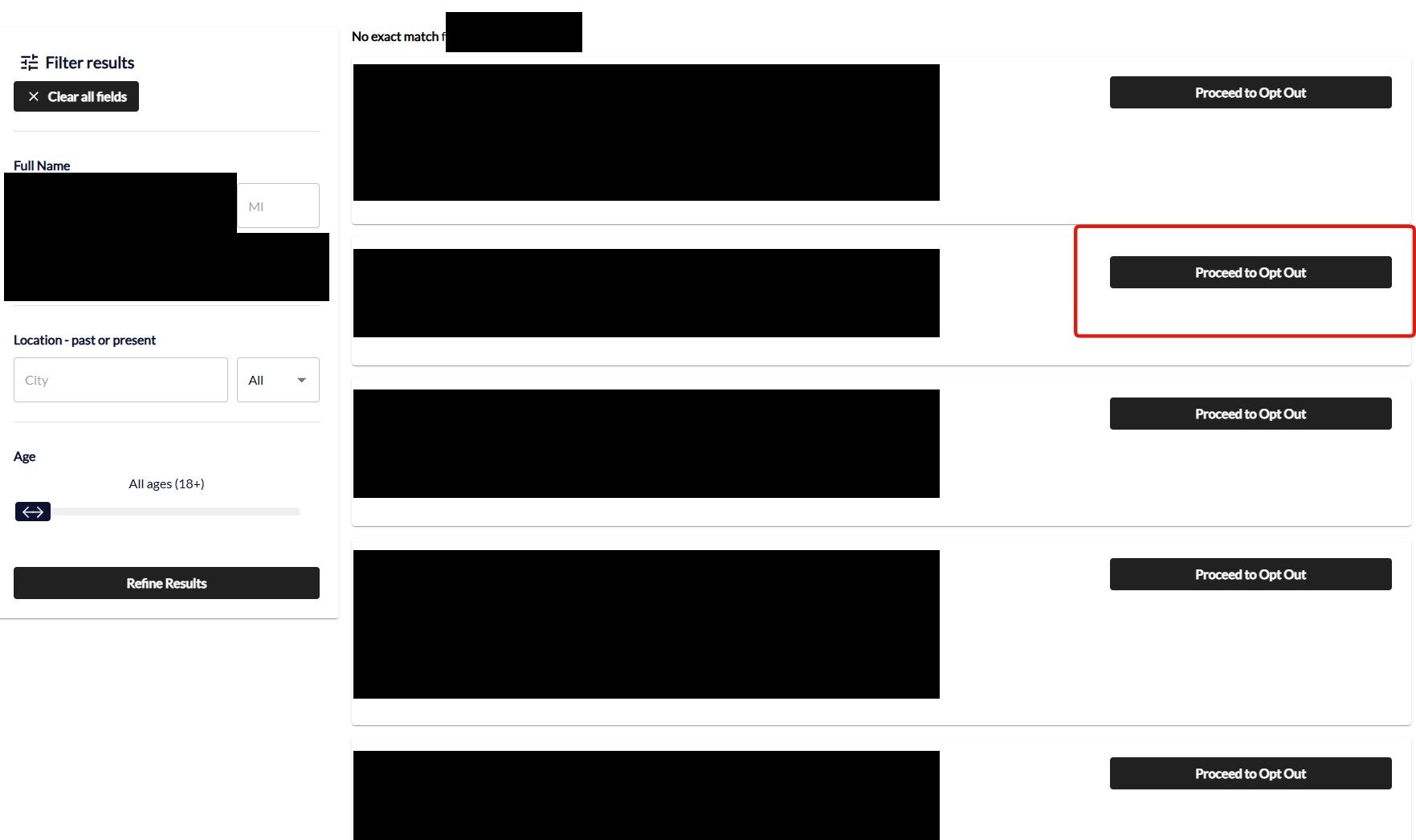 MoneyBot5000 search results with a Filter results sidebar and multiple profiles, each carrying a Proceed to Opt Out button; the matching profile's button is highlighted
