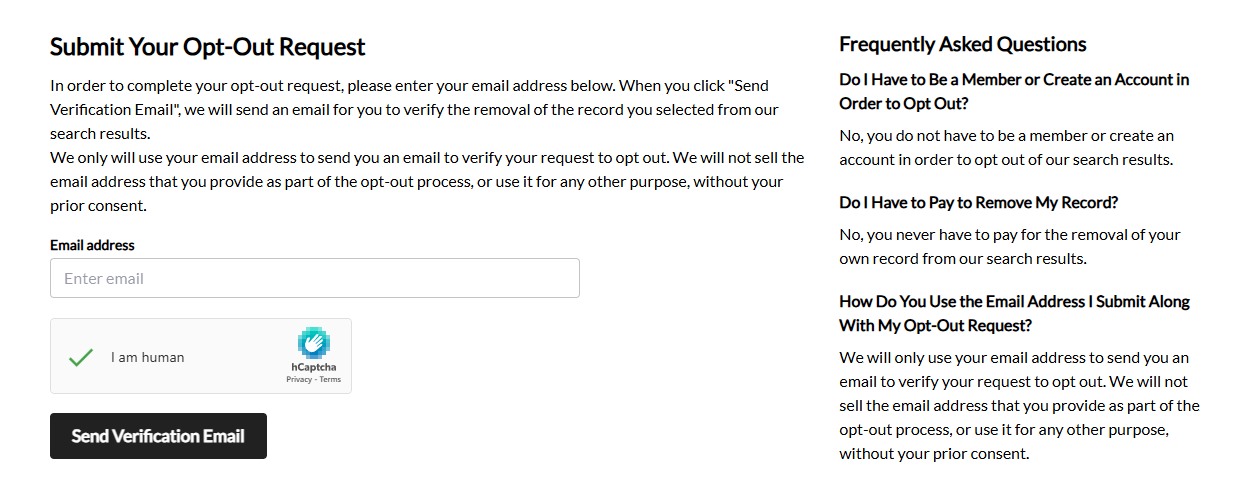 MoneyBot5000 'Submit Your Opt-Out Request' page with an email field, an 'I am human' hCaptcha, a Send Verification Email button, and an FAQ panel confirming no account or payment is needed