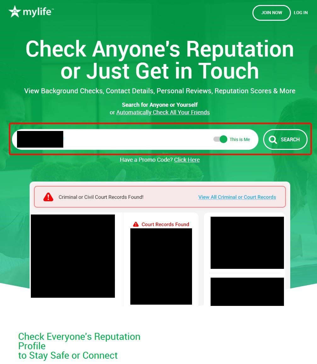 MyLife.com homepage with the 'Check Anyone's Reputation or Just Get in Touch' heading, a search bar with a 'This is Me' toggle and SEARCH button highlighted with a red box. Below the search are example Reputation Score profiles and Court Records callouts.