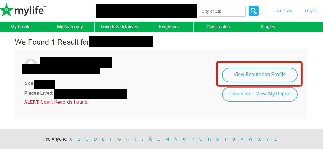 MyLife search results page with matching profiles, each with a 'View Reputation Profile' button.