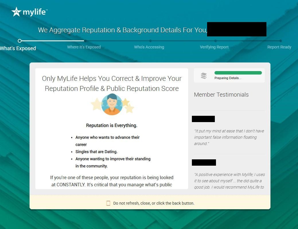 MyLife animated 'gathering information' progress screen with rotating data-source indicators.