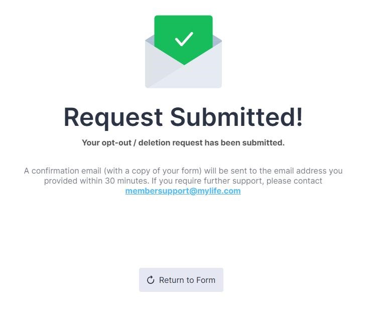 MyLife privacy-request submission confirmation page.