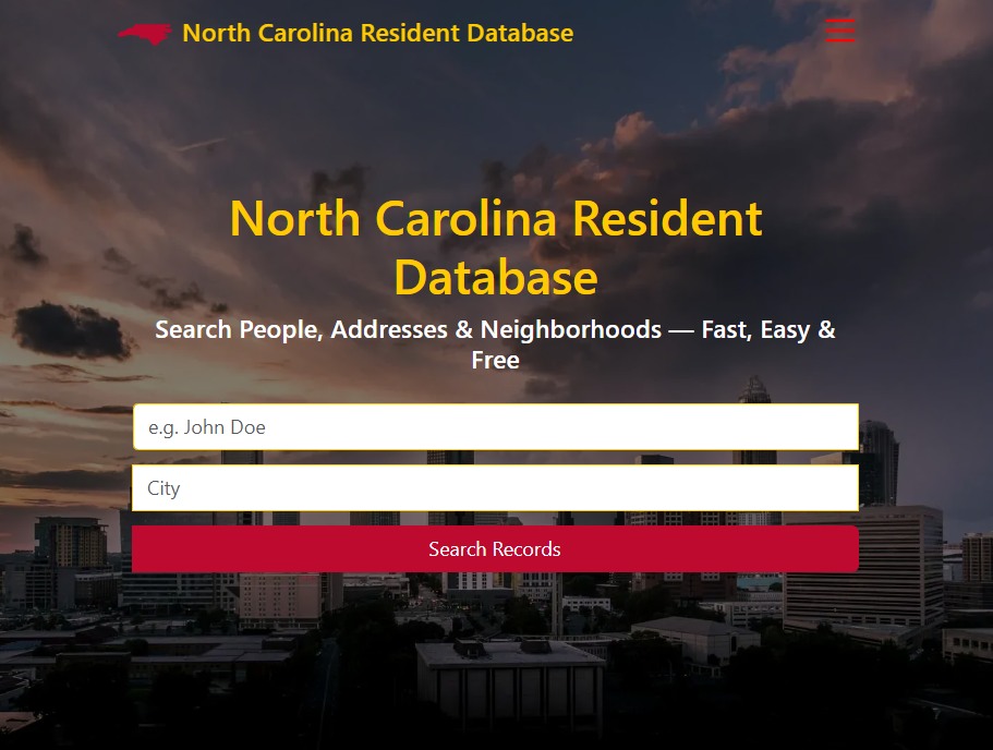 NorthCarolinaResidentDatabase.com's homepage headed Search People, Addresses & Neighborhoods, with name and city fields and a red Search Records button