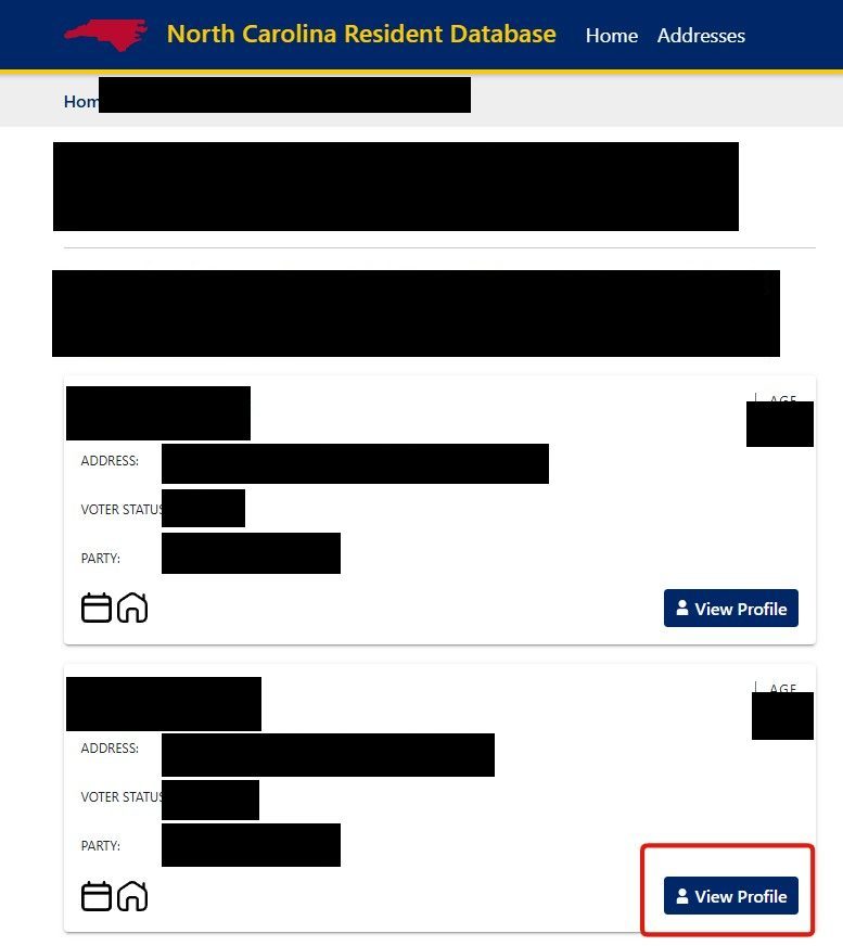 A results page listing records for Joe Smith in Charlotte, North Carolina, each with address, voter status and party; one record's blue View Profile button is highlighted with a red box