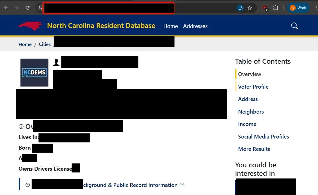 A profile page on NorthCarolinaResidentDatabase.com with the browser address bar's /person/ URL highlighted with a red box for copying