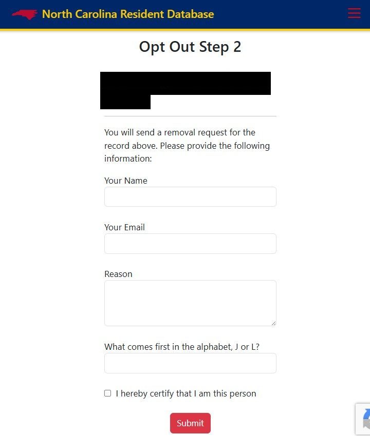 The Opt Out Step 2 page showing the record being removed with its name blurred, fields for your name, email and reason, another alphabet spam question, an I-hereby-certify-that-I-am-this-person checkbox, and a red Submit button