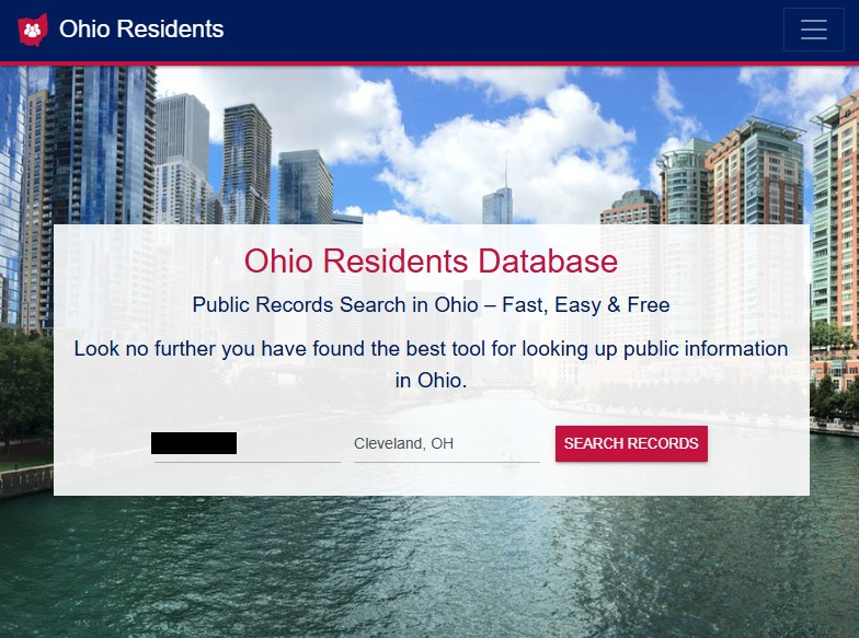 OhioResidentDatabase.com's homepage headed Public Records Search in Ohio, with name and city fields (the searched name blacked out) and a red SEARCH RECORDS button