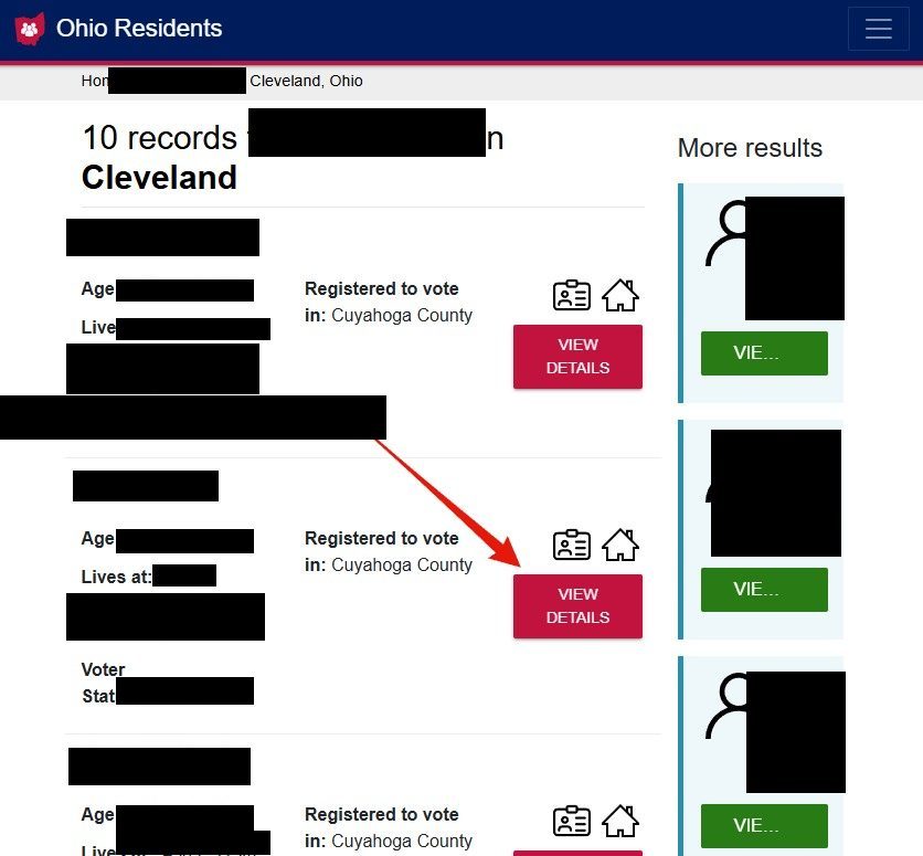 A results page listing records in Cleveland, Ohio with age, address, county and voter status, a red arrow pointing at the red VIEW DETAILS button on the matching record, whose name is blacked out