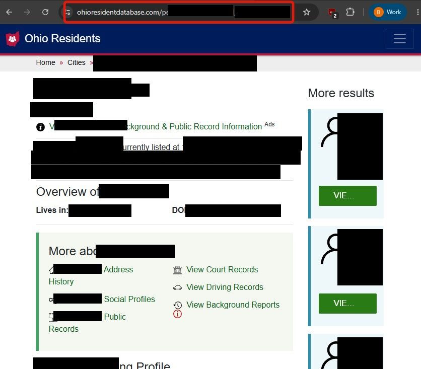 A profile page on OhioResidentDatabase.com with the browser address bar's /person/ URL highlighted with a red box for copying