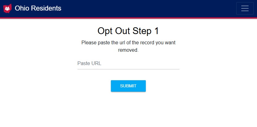 Ohio's Opt Out Step 1 page with a single Paste URL field and a blue SUBMIT button