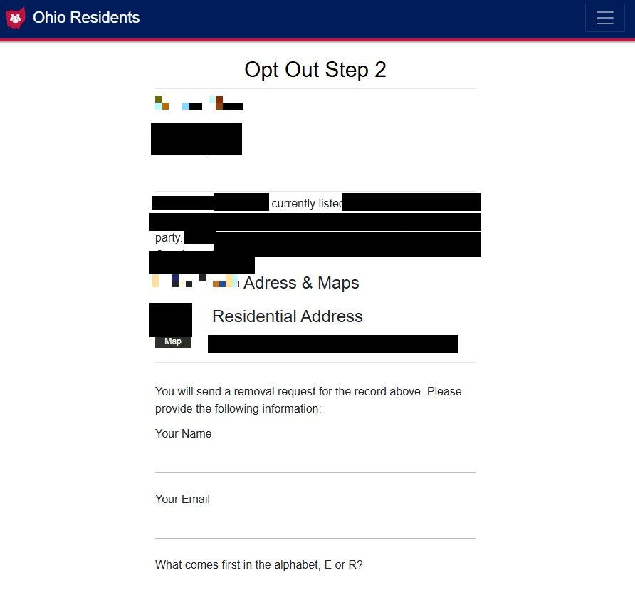 Ohio's Opt Out Step 2 page showing the record being removed with its name blacked out, its residential address and voter details, fields for your name and email, and an alphabet spam question