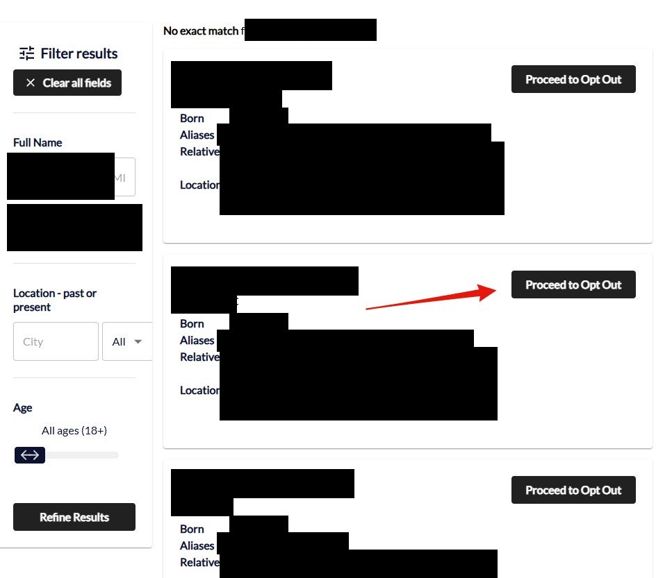 Ownerly opt-out search results with a Filter results sidebar and several records showing born dates, aliases, relatives and locations, each with a black Proceed to Opt Out button; a red arrow points at the matching record's button