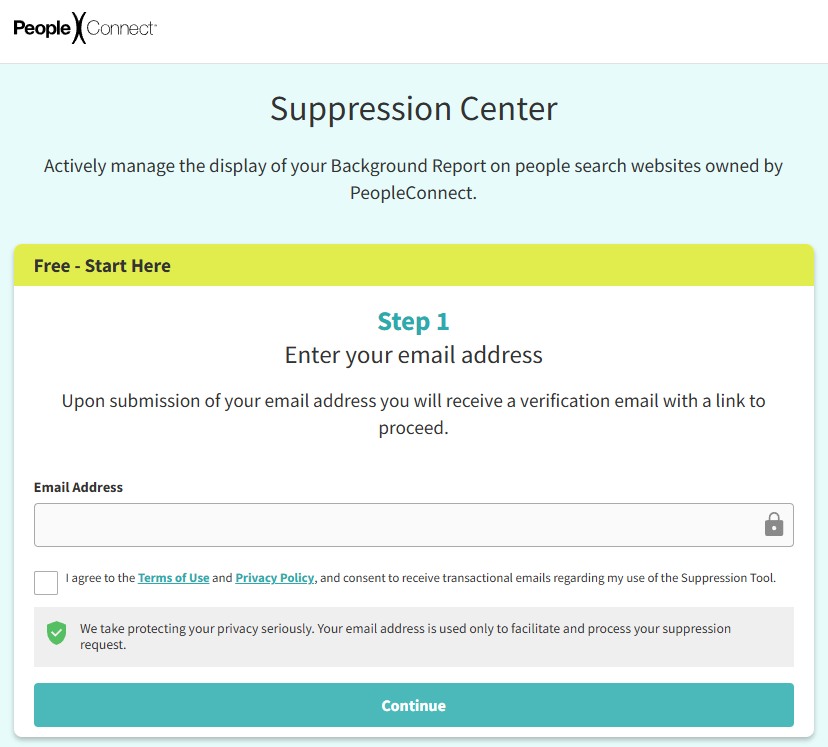 The PeopleConnect Suppression Center's 'Free - Start Here' panel, with a Step 1 email address field, a Terms of Use and Privacy Policy checkbox, and a Continue button