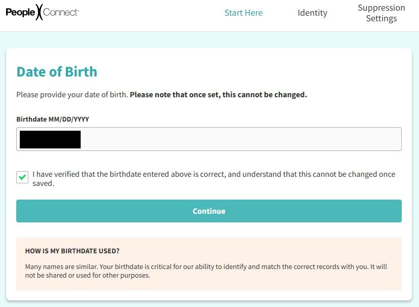The Suppression Center's Date of Birth page, warning in bold that the birthdate cannot be changed once set, with a confirmation checkbox and Continue button